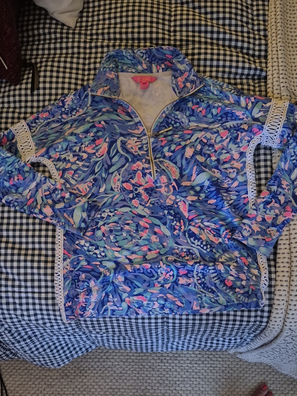 Lilly Pulitzer Pink and Blue Pattern Quarter Zip With Crochet/lace Detail